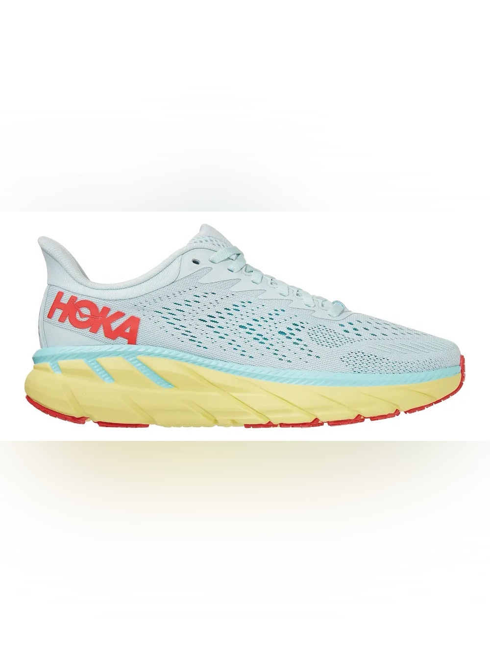 Hoka Clifton 7’s Women's Mint Blue, Yellow and Red